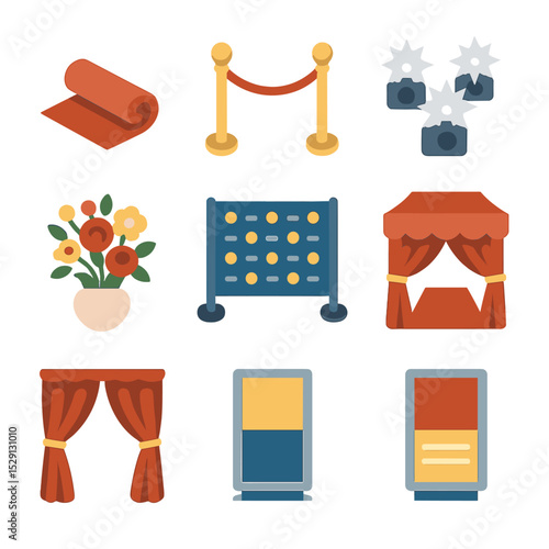 Red Carpet Icon Set. Isometric Flat icon set of Red Carpet Premiere Scene: rolled-out red carpet, velvet ropes, stanchion posts,
