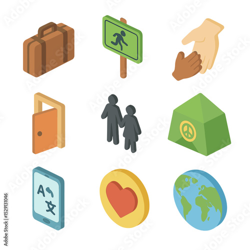 Refugee Icon Set. Isometric Flat icon set of refugee and migrant justice: suitcase icon, border crossing sign, helping hand, open