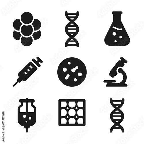 Regenerative Medicine Icons. Solid, Filled icon set of regenerative medicine: stem cell cluster, DNA helix, lab flask, syringe,
