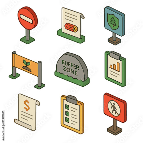 Regulatory Signage Icon Set. Isometric Flat icon set of clearcut regulatory signage: no-entry sign, logging permit document,