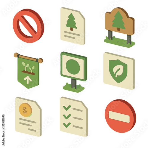 Regulatory Signage Icon Set. Isometric Flat icon set of clearcut regulatory signage: no-entry sign, logging permit document,