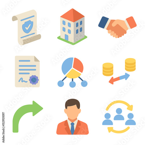 Reinsurance Icon Set. Isometric Flat icon set of reinsurance mechanisms: reinsurance contract scroll, ceding insurer building,