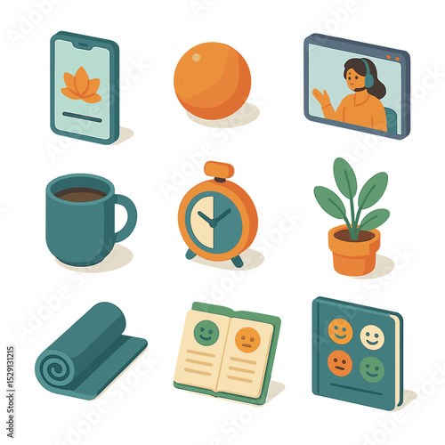 Remote Worker Wellness Icons. Isometric Flat icon set of mental health support for remote workers: meditation app on smartphone,