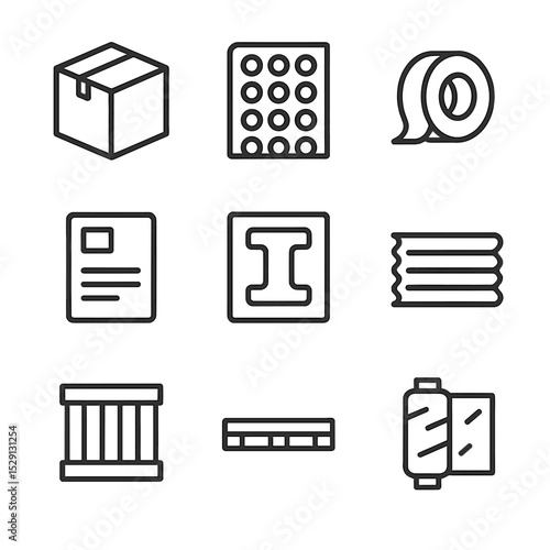 Retail Packaging Icons. Outline icon set of retail packaging materials: cardboard box, bubble wrap, packing tape, shipping label,