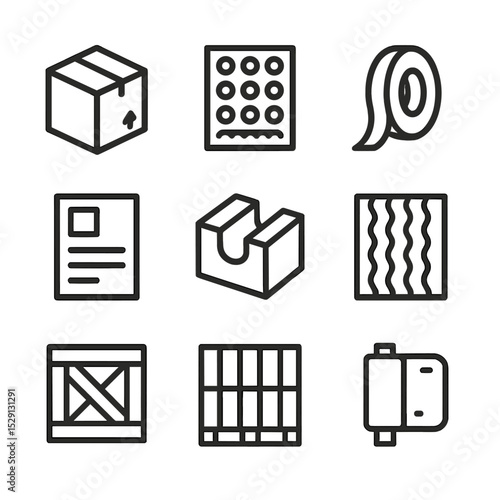 Retail Packaging Icons. Outline icon set of retail packaging materials: cardboard box, bubble wrap, packing tape, shipping label,