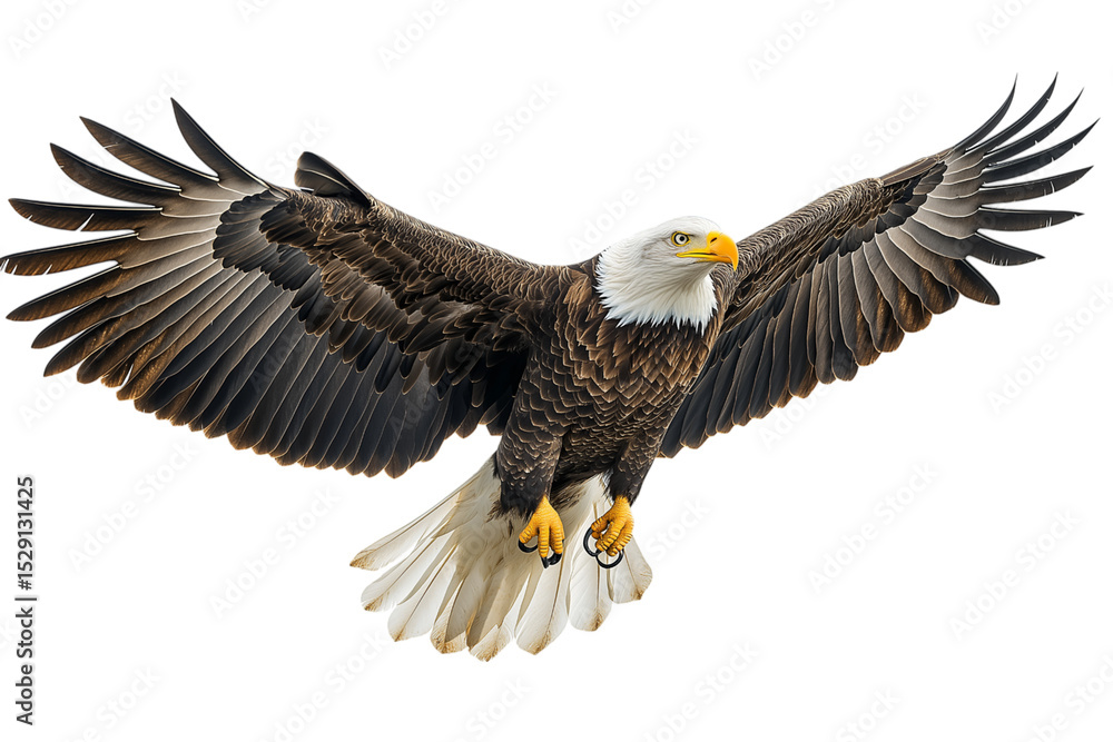 Naklejka premium Powerful bald eagle in flight isolated on white background, great for wildlife concepts and branding