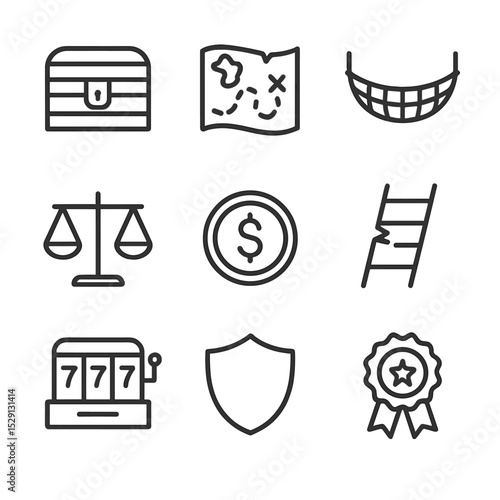 Risk Reward Icons. Outline icon set of risk versus reward: treasure chest, treasure map, safety net, balance scale, gold coin,