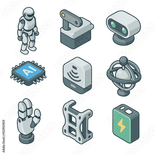 Isometric Robot Icon Set. Isometric Flat icon set of humanoid robotics: bipedal robot, servo motor joint, sensor head, AI core