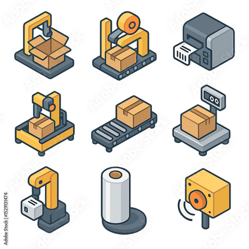 Robotic Packaging Icons. Isometric Flat icon set of robotic packaging stations: box erector, seal tape dispenser, label printer,