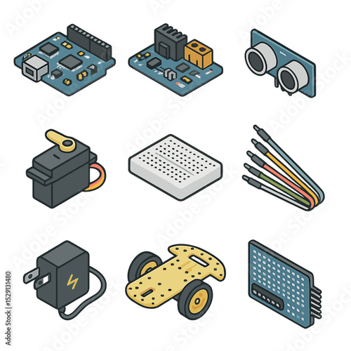 Robotic Kit Icons. Isometric Flat icon set of robotic kit and DIY electronics: microcontroller board, motor driver, servo motor,
