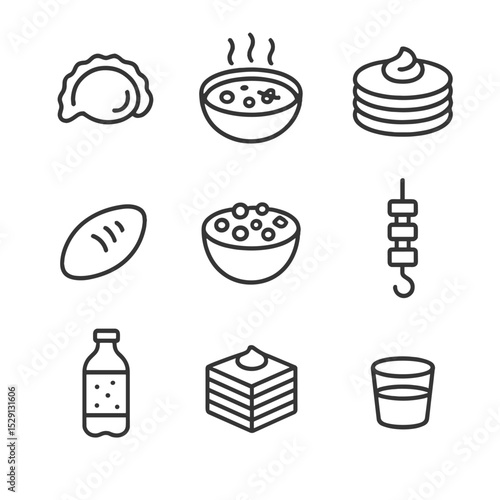 Russian Cuisine Icons. Outline icon set of Russian cuisine in Moscow: pelmeni dumpling, borscht bowl, blini stack, pirozhki pastry