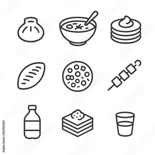 Russian Cuisine Icons. Outline icon set of Russian cuisine in Moscow: pelmeni dumpling, borscht bowl, blini stack, pirozhki pastry