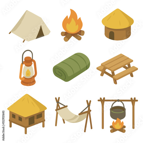 Safari Camp Icon Set. Isometric Flat icon set of safari camp and lodging: tent, campfire, hut, lantern, sleeping bag, picnic table