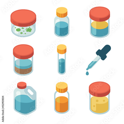 Scientific Sample Icons. Isometric Flat icon set of scientific sample jars: bacterial culture, pH test solution, oil-water mixture