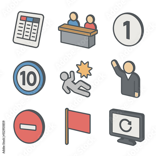 Scoring Icon Set. Isometric Flat icon set of scoring and judging: scorecard sheet, judge table, round indicator, ten-point system