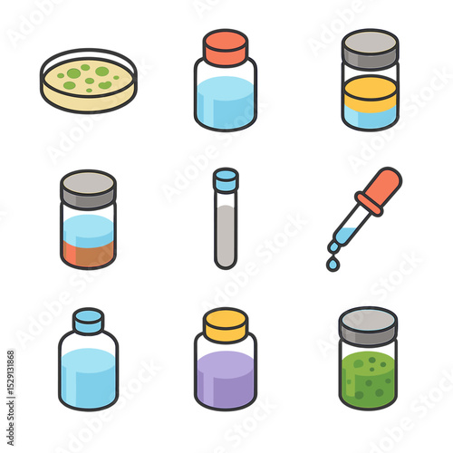Scientific Sample Icons. Isometric Flat icon set of scientific sample jars: bacterial culture, pH test solution, oil-water mixture