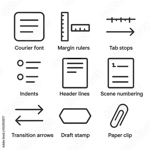 Screenplay Icon Set. Outline icon set of screenplay formatting guides: Courier font, margin rulers, tab stops, indents, header