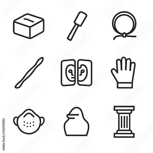 Sculpting Tools Icons. Outline icon set of sculpture and molding equipment: clay block, sculpting chisel, carving mallet, armature