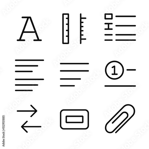 Screenplay Icon Set. Outline icon set of screenplay formatting guides: Courier font, margin rulers, tab stops, indents, header