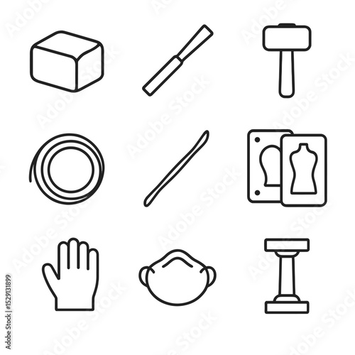Sculpting Tools Icons. Outline icon set of sculpture and molding equipment: clay block, sculpting chisel, carving mallet, armature