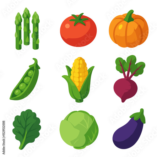 Seasonal Harvest Icons. Isometric Flat icon set of seasonal organic harvest: spring asparagus, summer tomato, autumn pumpkin,