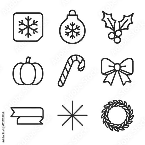 Seasonal Packaging Icons. Outline icon set of seasonal and holiday packaging: snowflake stamp, ornament tag, holly branch, pumpkin