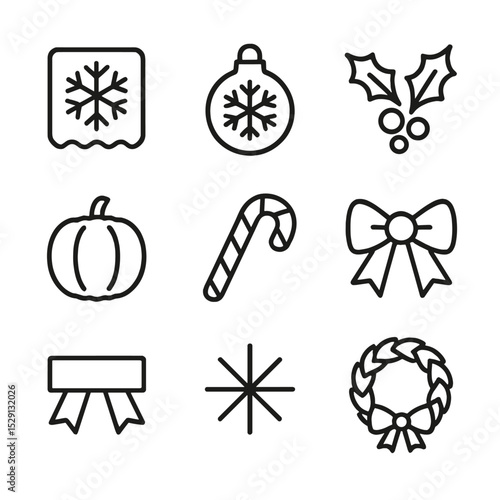 Seasonal Packaging Icons. Outline icon set of seasonal and holiday packaging: snowflake stamp, ornament tag, holly branch, pumpkin