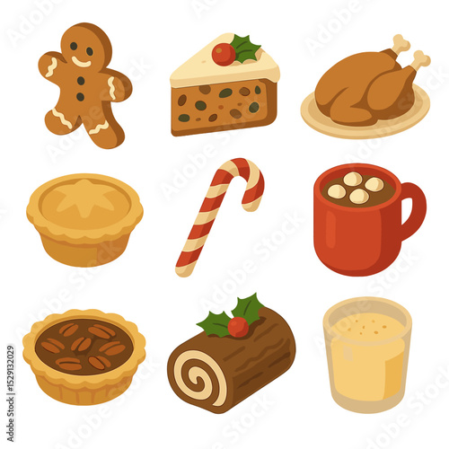 Seasonal Icon Set. Isometric Flat icon set of seasonal foods and treats: gingerbread cookie, fruitcake slice, roasted turkey,