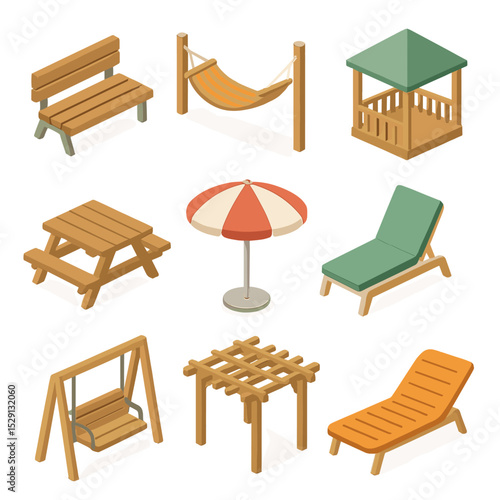 Seating Icons Collection. Isometric Flat icon set of seating and relaxation areas: bench, hammock, gazebo, picnic table, shade
