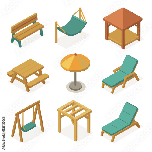 Seating Icons Collection. Isometric Flat icon set of seating and relaxation areas: bench, hammock, gazebo, picnic table, shade