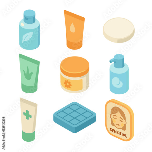 Sensitive Skin Care Icons. Isometric Flat icon set of sensitive skin makeup removal: hypoallergenic makeup remover bottle,