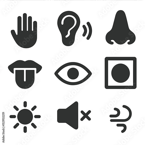 Sensory Icons Grid. Flat icon set of sensory anchors: touch hand, listening ear, smelling nose, tasting tongue, observing eye,
