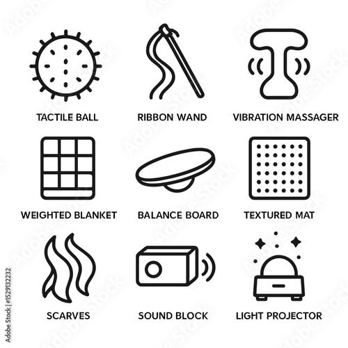Sensory Props Icon Set. Outline icon set of sensory integration props: tactile ball, ribbon wand, vibration massager, weighted