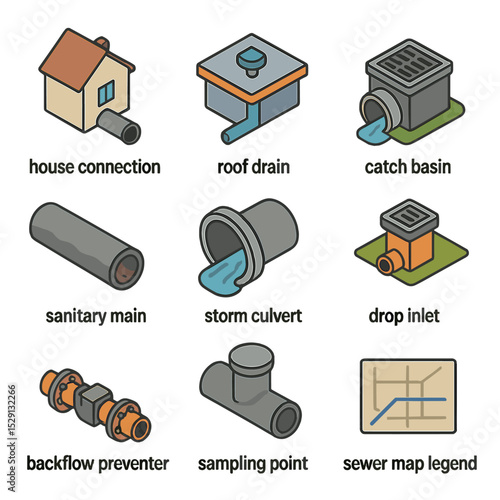 Sewer System Icons. Isometric Flat icon set of sanitary sewer vs storm sewer: house connection, roof drain, catch basin, sanitary
