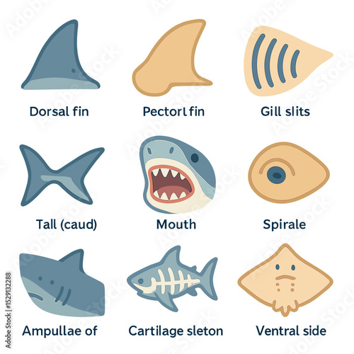 Shark and Ray Anatomy. Isometric Flat icon set of shark and ray anatomy: dorsal fin, pectoral fin, gill slits, tail caudal fin,