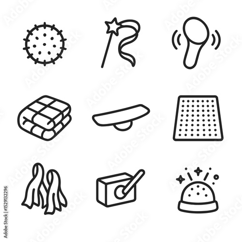 Sensory Props Icon Set. Outline icon set of sensory integration props: tactile ball, ribbon wand, vibration massager, weighted