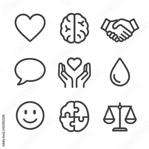 Icon Sets Grid. Outline icon set of emotional intelligence training: heart icon, brain icon, handshake, speech bubble, empathy