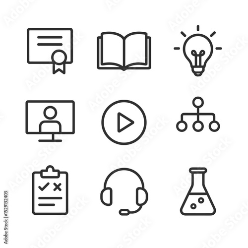Skill Development Icons. Outline icon set of skill development and learning: online certificate, open book, lightbulb idea,