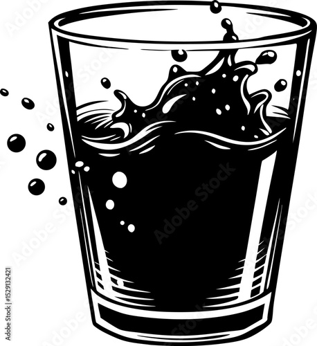 Glass of cola with splash isolated on transparent white background. Glass with splashed cola and ice cube, hand drawn sketch in old engraving style.