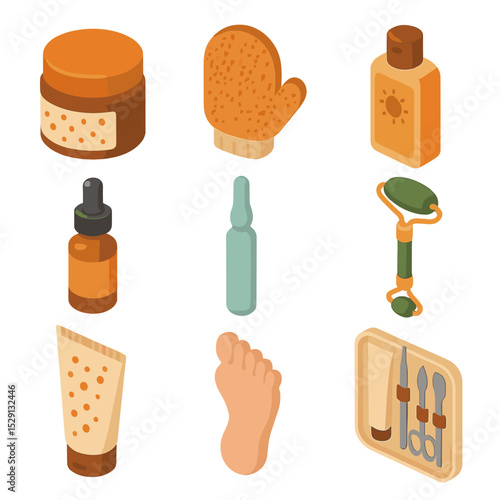 Skincare Icon Set. Isometric Flat icon set of skin care for tan maintenance: exfoliating scrub jar, body polish glove, tanning