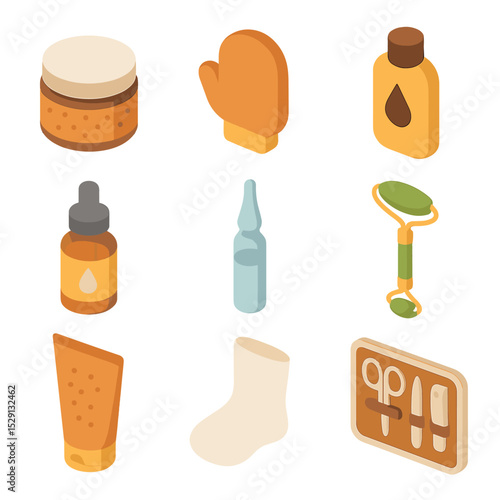 Skincare Icon Set. Isometric Flat icon set of skin care for tan maintenance: exfoliating scrub jar, body polish glove, tanning