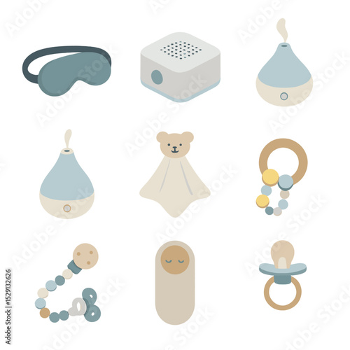 Sleepytime Essentials Icons. Isometric Flat icon set of sleepytime accessories: sleep mask, white noise machine, sound machine,