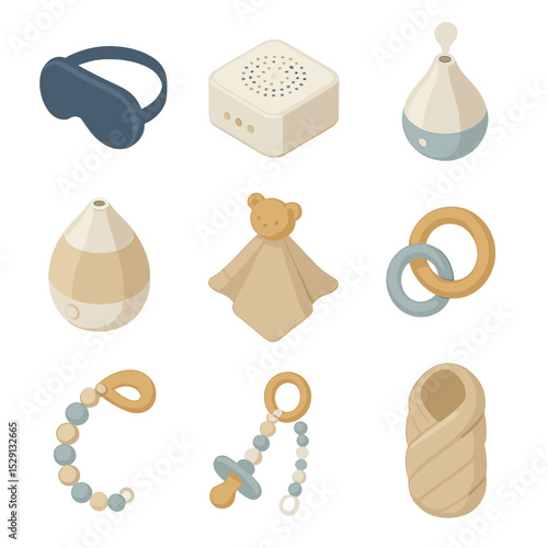 Sleepytime Essentials Icons. Isometric Flat icon set of sleepytime accessories: sleep mask, white noise machine, sound machine,