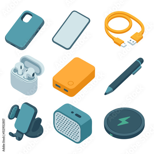 Smartphone Accessories Icons. Isometric Flat icon set of smartphone accessories: protective case, screen protector, charging cable