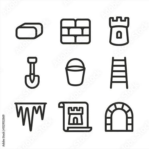 Snow Fort Icon Set. Outline icon set of snow fort construction: snow brick, wall segment, turret, shovel, bucket, ladder, icicle