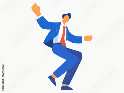 A vibrant vector illustration of a businessman joyfully celebrating success with raised arms and energetic movement