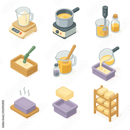Soap Making Icon Steps. Isometric Flat icon set of soap making steps: weighing ingredients, melting base, blending oils, adding