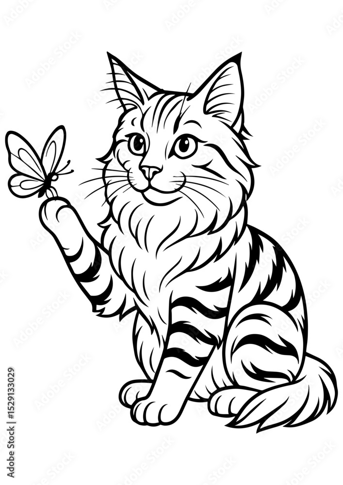 Fototapeta premium Black and white vector of cute Maine Coon cat playing with butterfly, ideal for engraving, prints, logos, coloring books, and creative projects.