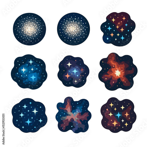 Southern Star Icon Set. Isometric Flat icon set of southern star clusters and nebulae: Omega Centauri, 47 Tucanae, Jewel Box, NGC