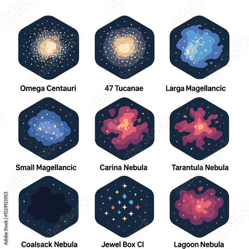 Southern Sky Icons. Isometric Flat icon set of deep-sky southern objects: Omega Centauri, 47 Tucanae, Large Magellanic Cloud,